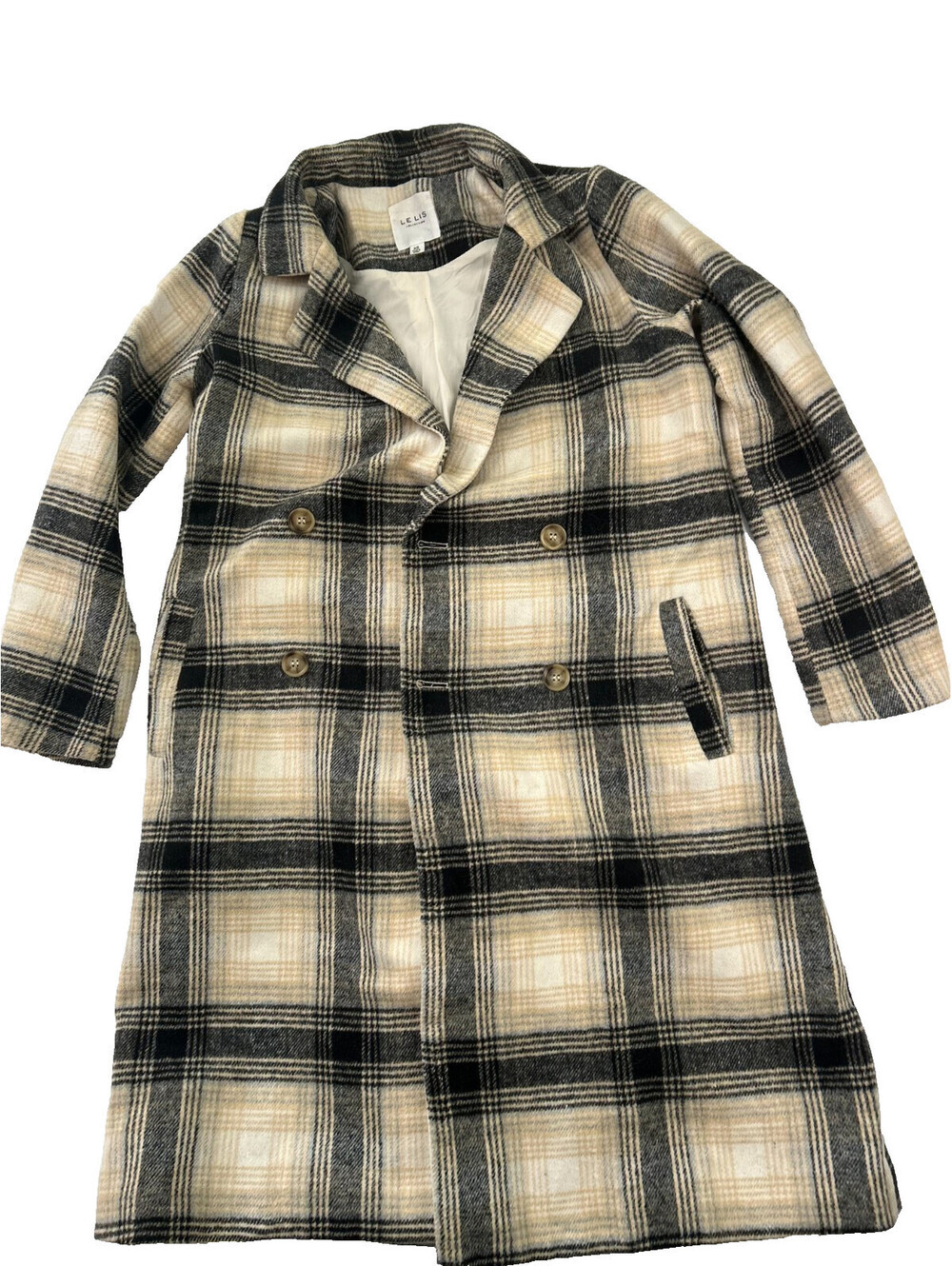 Le Lis Plaid Long Coat Women XS Beige Black Double Breasted Trench Jacket Slit